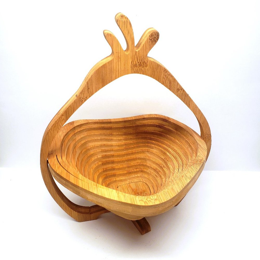 Harry & David Contour Pear Bamboo Basket Collapsible Spiral Fruit Bowl Trivet